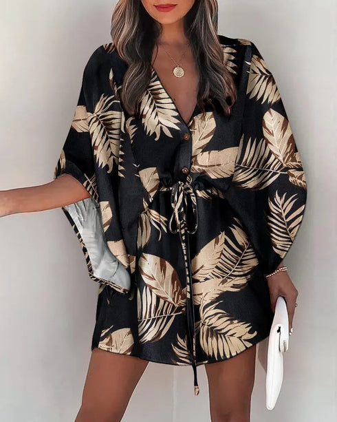 Women's V-Neck Tie Printed Beach Dress - ROUTINE FASHION