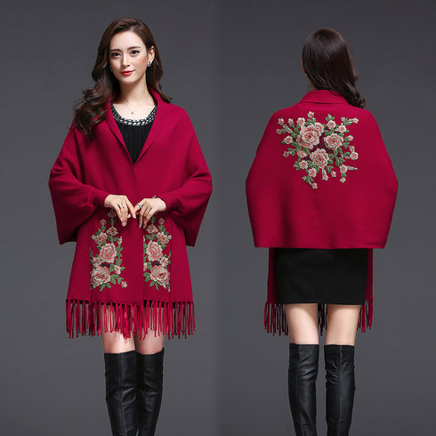 Shawl Women Embroidered Outer Cape Cloak Thick Sweater Coat - ROUTINE FASHION