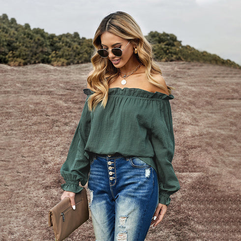 Chiffon Shirt Women'S Ruffled Neckline Lantern Sleeve Temperament Blouse - ROUTINE FASHION