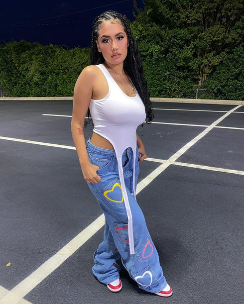 Multi-pocket Colorful Heart Print Jeans Women's Flared Pants - ROUTINE FASHION