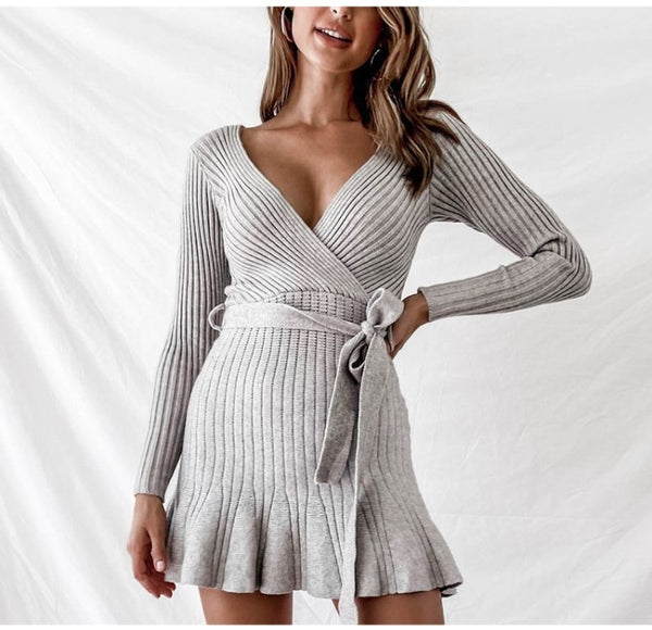 Sexy V Neck Knitted Dresses Women Long Sleeve - ROUTINE FASHION