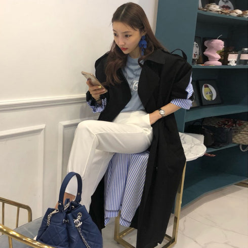 Lapel tie striped trench coat - ROUTINE FASHION
