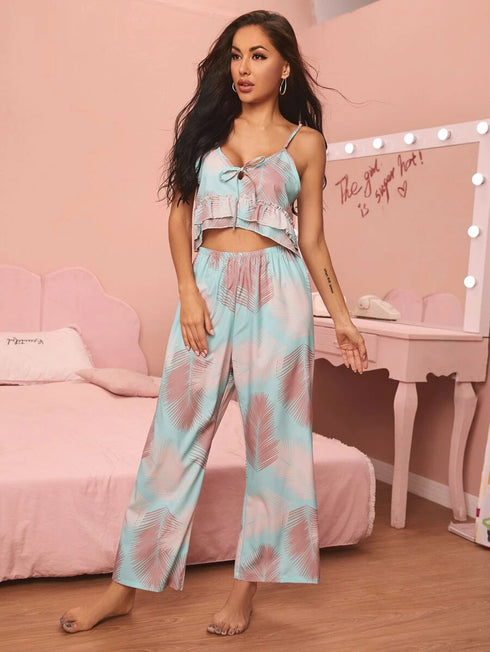 V-neck Sling Print Comfortable Pajama Set - ROUTINE FASHION