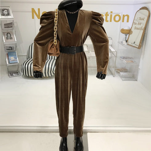 Puff sleeve velvet V-neck jumpsuit women - ROUTINE FASHION