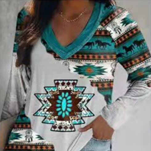 Top Ethnic Orientation Print Long Sleeve T-Shirt Women - ROUTINE FASHION