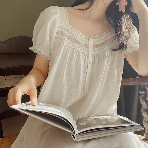 Women's Short-sleeved Thin Pajamas White Sweet Cotton - ROUTINE FASHION