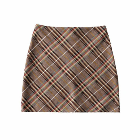High Waist Short Plaid Mini Skirt Streetwear Brown Coffee Tartan Print - ROUTINE FASHION