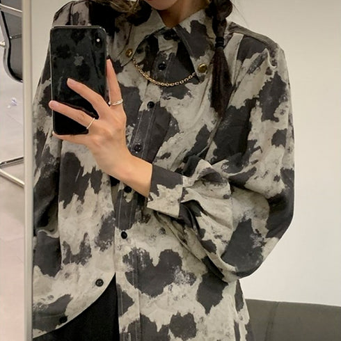 Blouse Long Sleeve Black Gray Color Block Leopard Shirt Button Up Chain Top Single-Breasted Womens Blouses Loose - ROUTINE FASHION