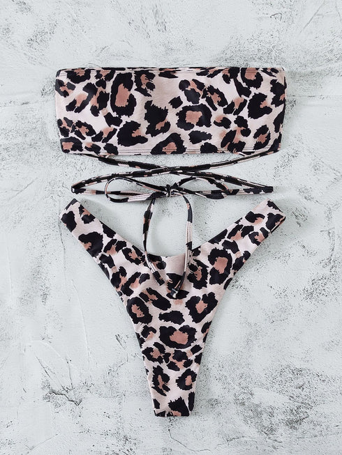 Leopard Print Bikini Bandeau Split Swimsuit - ROUTINE FASHION
