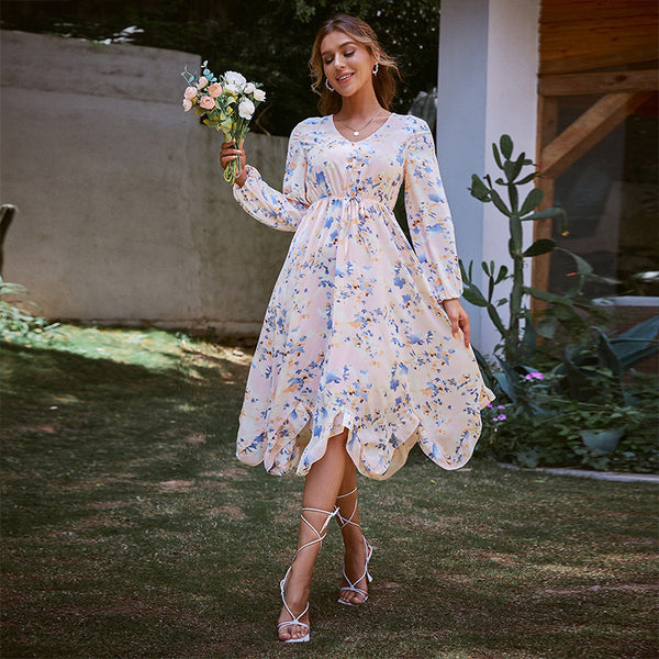 Printed Skirt Rustic Wrap Bust Commuter Fashion Dress - ROUTINE FASHION