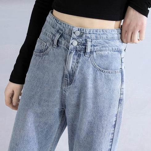 Double Buckle High Waist Loose Slim Jeans Women Covering Meat - ROUTINE FASHION