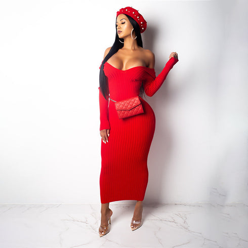 Long Skirt Deep V-neck Long-sleeved Knitted Jumper - ROUTINE FASHION