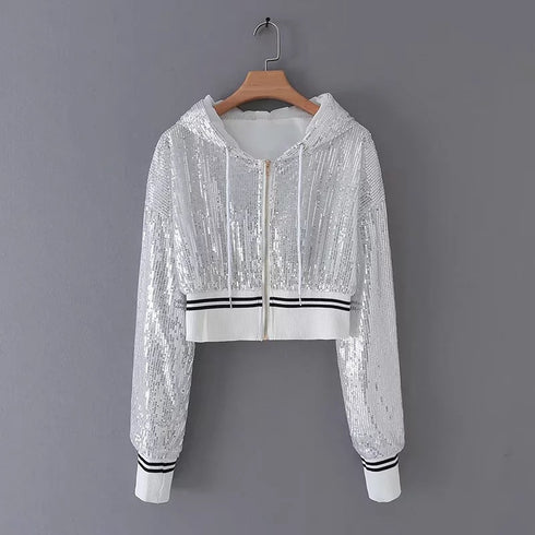 Black And Silver Women's Coat Sequins Zipper Sweet Long-sleeved Short Coat Women - ROUTINE FASHION