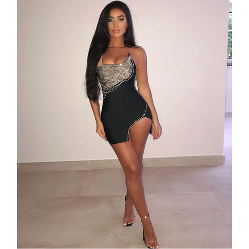 Sling Party Nightclub Party Lace Slit Bandage Dress - ROUTINE FASHION
