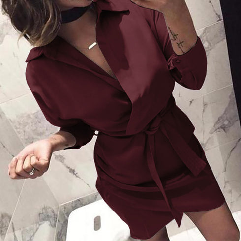 Women's Belt Irregular Solid Color Shirt Dress - ROUTINE FASHION