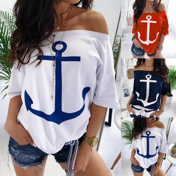 Loose Shoulder Bat Shirt Printed T-Shirt Women - ROUTINE FASHION