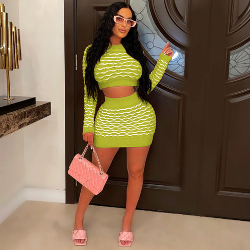 Women's Round Neck Wool Woven Hip Wrap Skirt Suit - ROUTINE FASHION