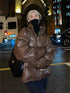 Winter Stand Collar Zipper Brown Parka Jacket Women - ROUTINE FASHION