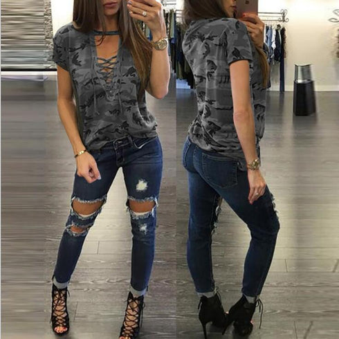 Women Camouflage V-neck Short sleeve T-shirt - ROUTINE FASHION