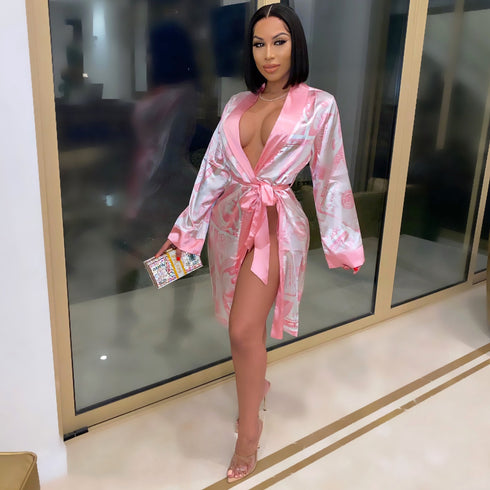 Printed Loose Robe Bathrobe Cardigan Housewear - ROUTINE FASHION