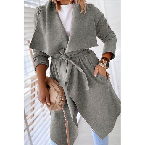 Lapel solid color long trench coat - ROUTINE FASHION