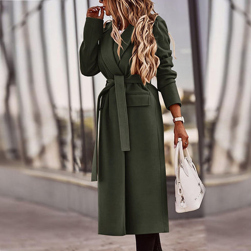 Solid color belt classic long Nizi coat coat - ROUTINE FASHION