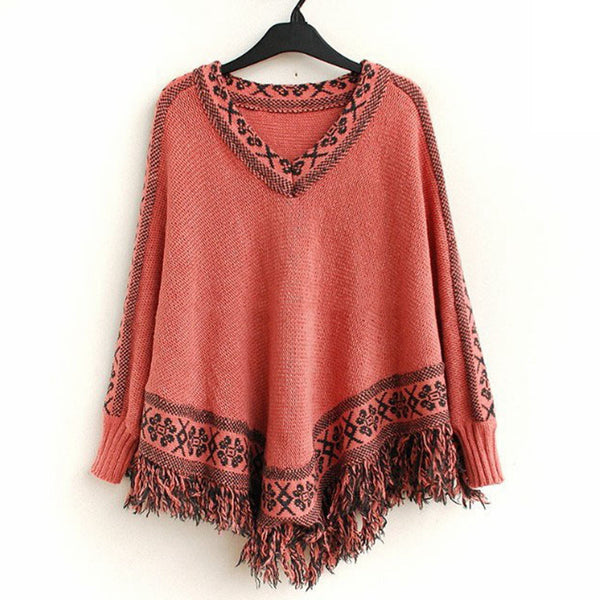 Fringed Cape Jacket With Hem Solid Color Sweater Shawl Sweater - ROUTINE FASHION