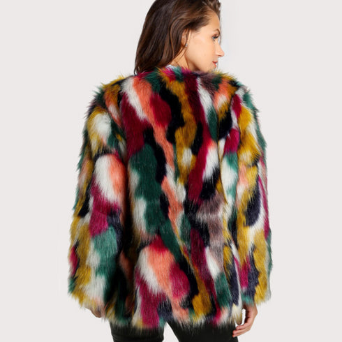 Winter Color Fur Coats Women Elegant Fur Coats Colorful Faux Fur Coat Brand Fashion Long Sleeve Collarless Casual Woman Fur Coat - ROUTINE FASHION