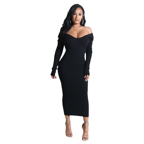 Long Skirt Deep V-neck Long-sleeved Knitted Jumper - ROUTINE FASHION