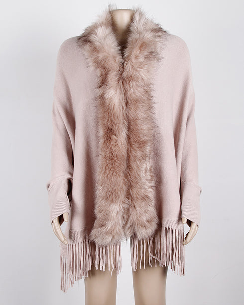 Fringed cloak shawl fur collar cape cardigan women - ROUTINE FASHION