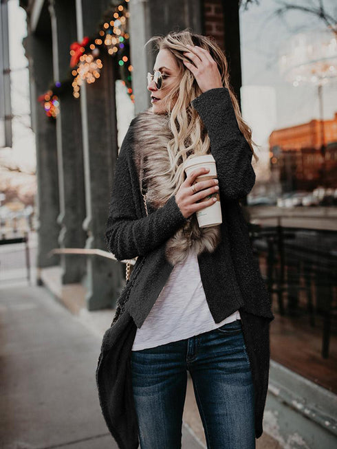 Fur collar cardigan plush trench coat - ROUTINE FASHION