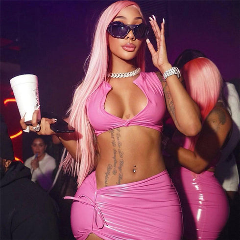 Women's Fashion Glossy Undershirt Hip Short Skirt Set - ROUTINE FASHION