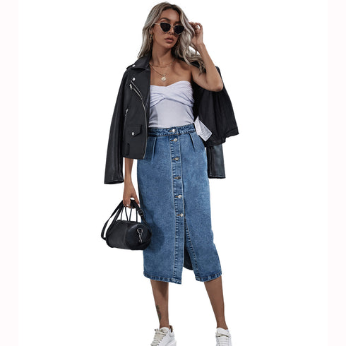 High-waisted Single-breasted Denim Skirt - ROUTINE FASHION