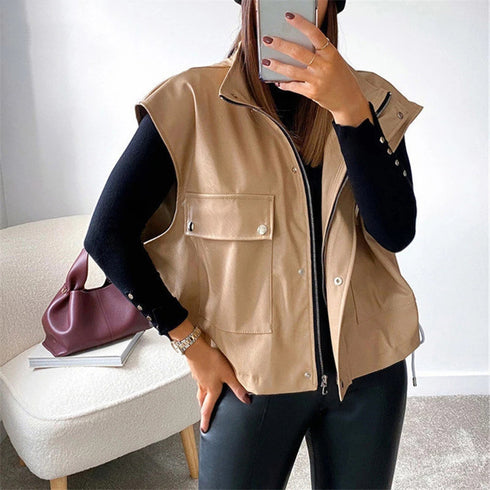 Sleeveless PU Leather Jacket Loose Waistcoat Women's - ROUTINE FASHION