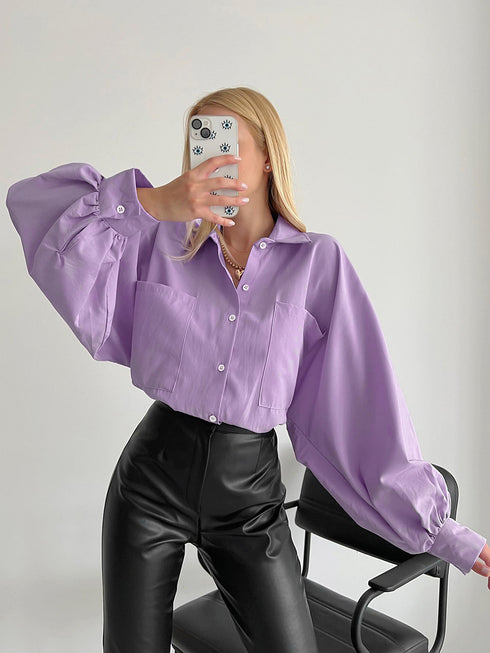 Casual Polo Collar Shirt Women's Pocket Batwing Sleeve Top - ROUTINE FASHION