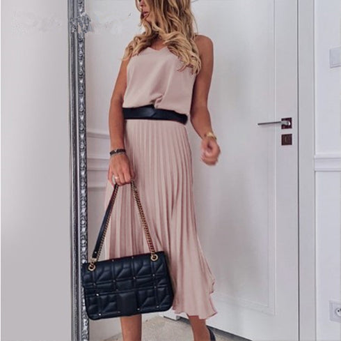 Solid Color Pleated Maxi Skirt With Sexy Suspenders - ROUTINE FASHION