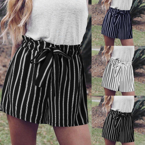 SweatyRocks Black High Waist Bow Decor Striped Paperbag Shorts Women Streetwear Wide Leg Casual Shorts Womens Summer Shorts - ROUTINE FASHION