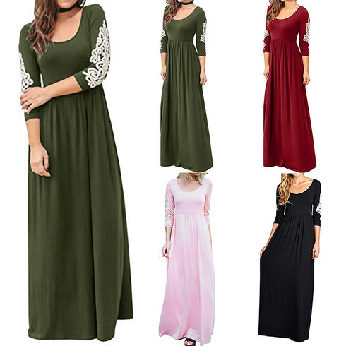 Round Neck Long Sleeve Lace Waist Maxi Skirt - ROUTINE FASHION