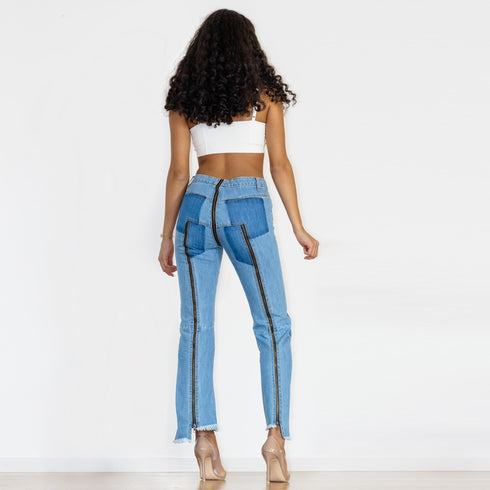Shascullfites Women Split Straight Jeans Women Club Dancing Pants Light Blue Denim Pants Slim Fit Zipper Jeans - ROUTINE FASHION