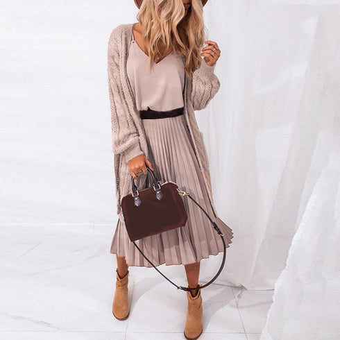 Solid Color Pleated Maxi Skirt With Sexy Suspenders - ROUTINE FASHION