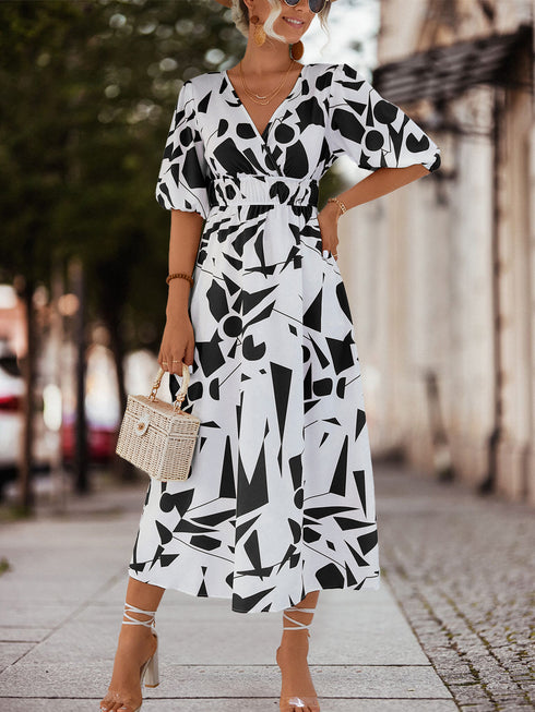 Women's V-neck Puff Sleeve Dress - ROUTINE FASHION