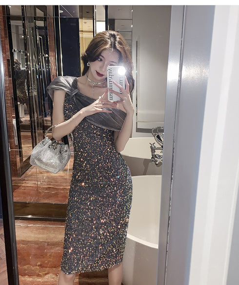 Organza Oblique Shoulder Dress Pencil Skirt Dress - ROUTINE FASHION