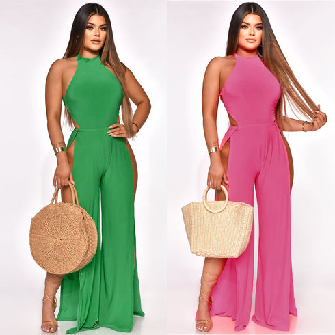 Lace-up Back Jumpsuit Split Leg Casual Trousers Women - ROUTINE FASHION