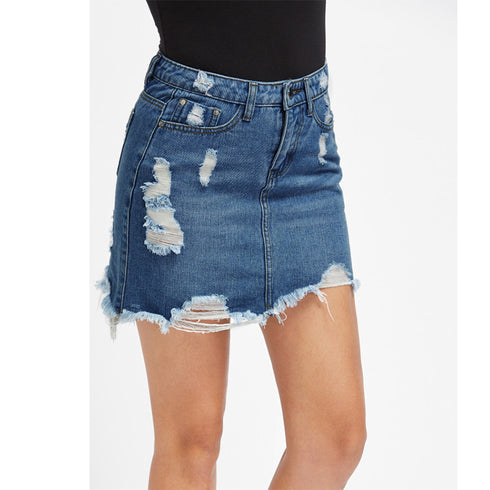 Women's Ripped Fringed Loose Sexy Denim Skirt Short Skirt - ROUTINE FASHION