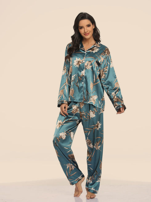 Women's Print Pajama Set Long Sleeve Tops And Pants Loungewear Sleepwear - ROUTINE FASHION