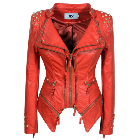 Women's Rivet Slim Washed Leather Motorcycle Jacket - ROUTINE FASHION