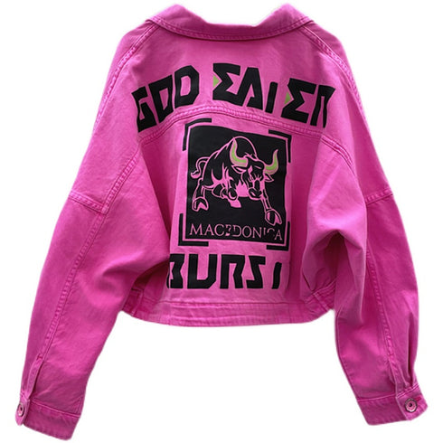 Printed Rose Red Denim Short Jacket Women Spring And Autumn - ROUTINE FASHION