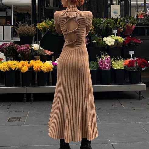 Slim Half High Collar Hollow Dress - ROUTINE FASHION