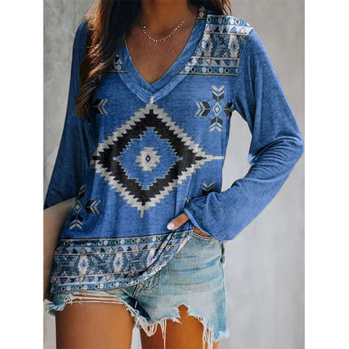 Top Ethnic Orientation Print Long Sleeve T-Shirt Women - ROUTINE FASHION
