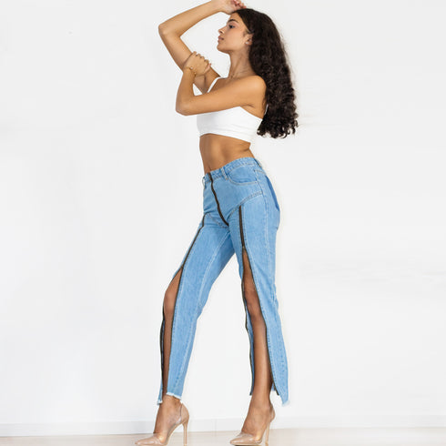 Shascullfites Women Split Straight Jeans Women Club Dancing Pants Light Blue Denim Pants Slim Fit Zipper Jeans - ROUTINE FASHION